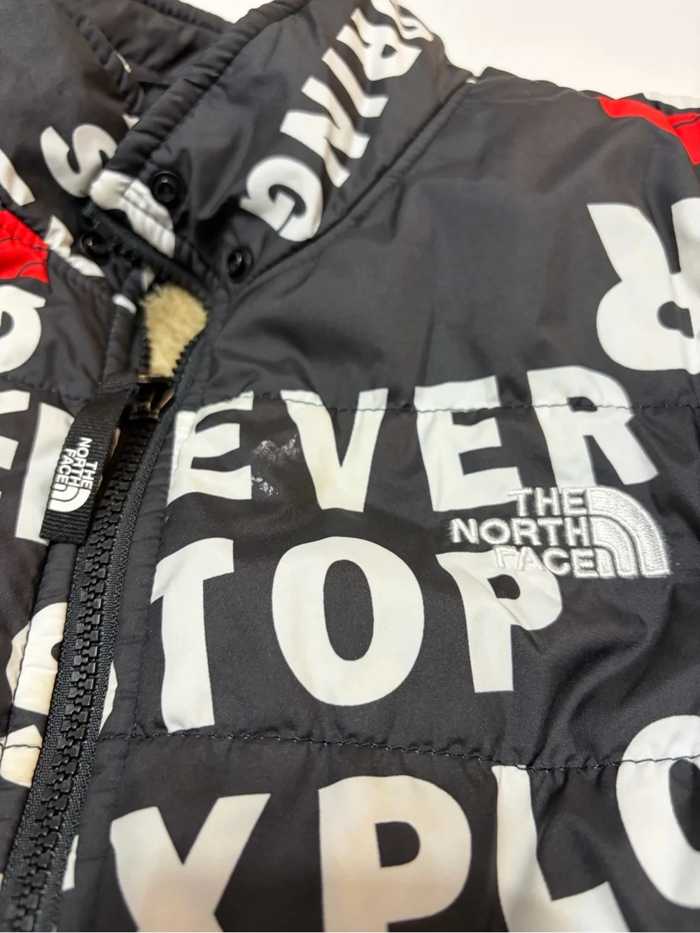The North Face Youth L Reversible Puffer Jacket Coat Sherpa Black Red White